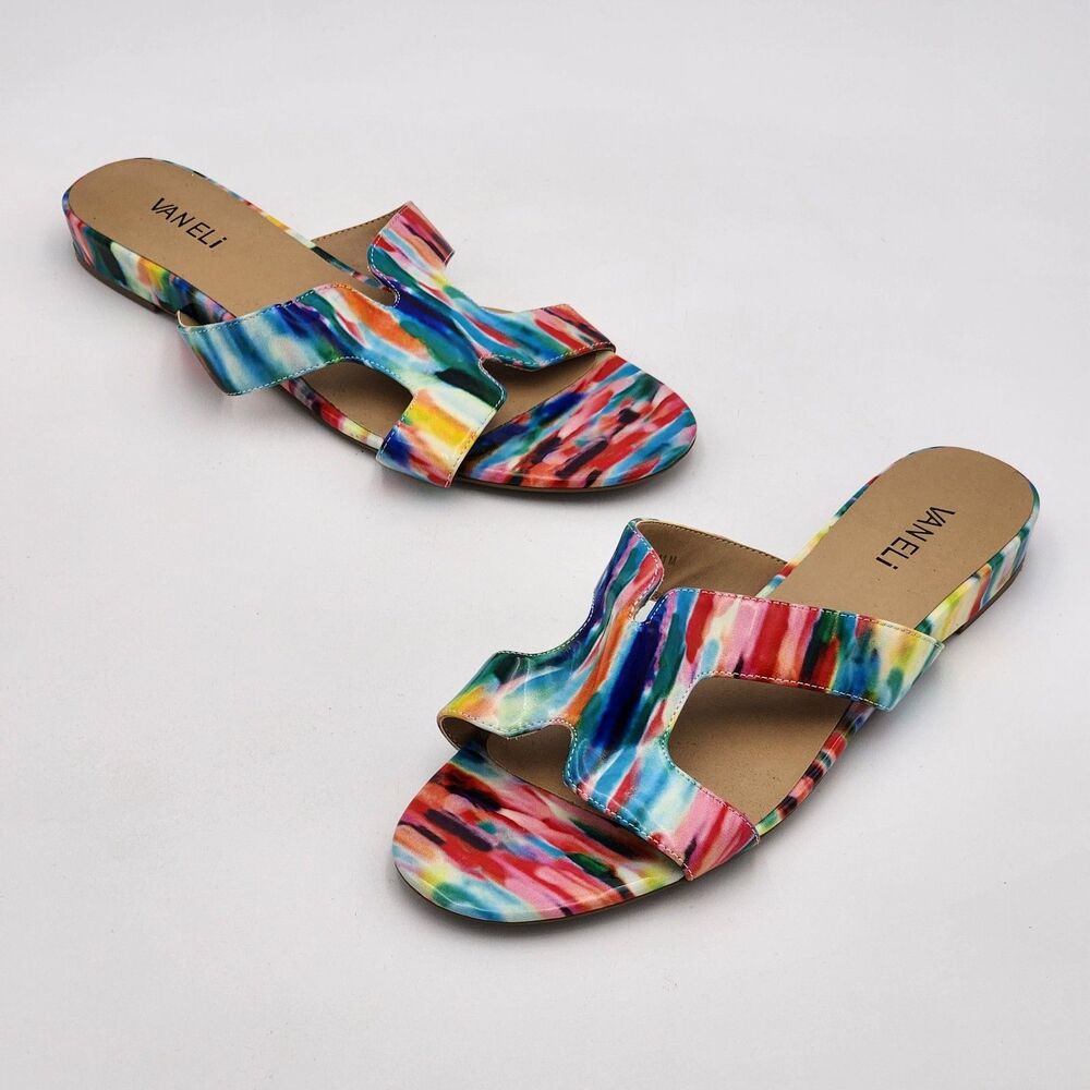 Vaneli Watercolor Patent Slide On Low Wedge Sandals Rainbow Multicolor Size 11